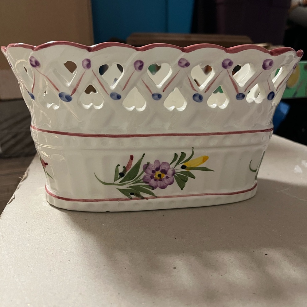 Floral Ceramic Basket with Red Trim